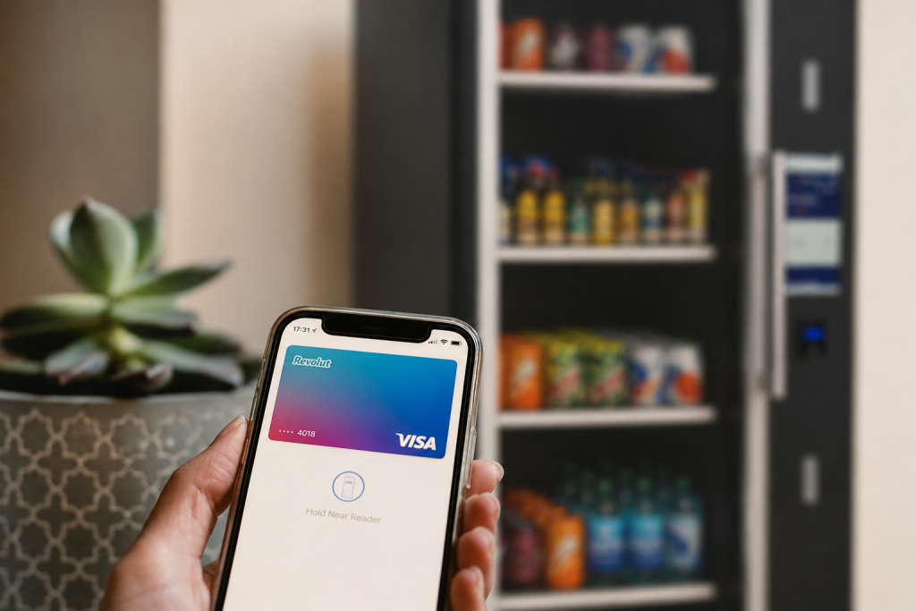Individual using their mobile to buy food from smart fridge vending machine via contactless payment method.