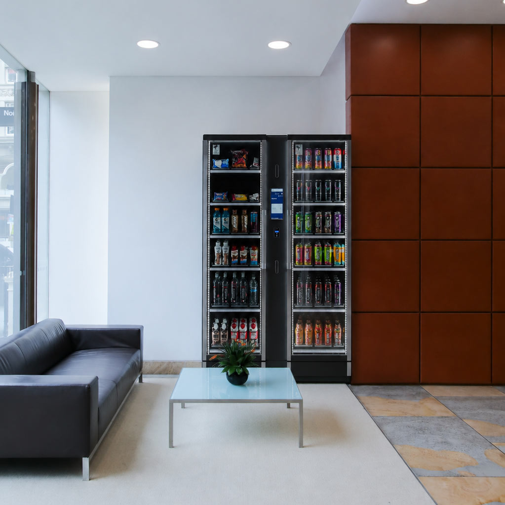 Smart fridge vending machine in a modern hotel lobby seating area.